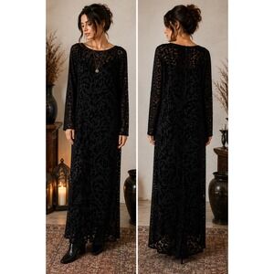 Black Satin Burnout Maxi Dress Sheer Floral Gothic Boho Long Sleeve